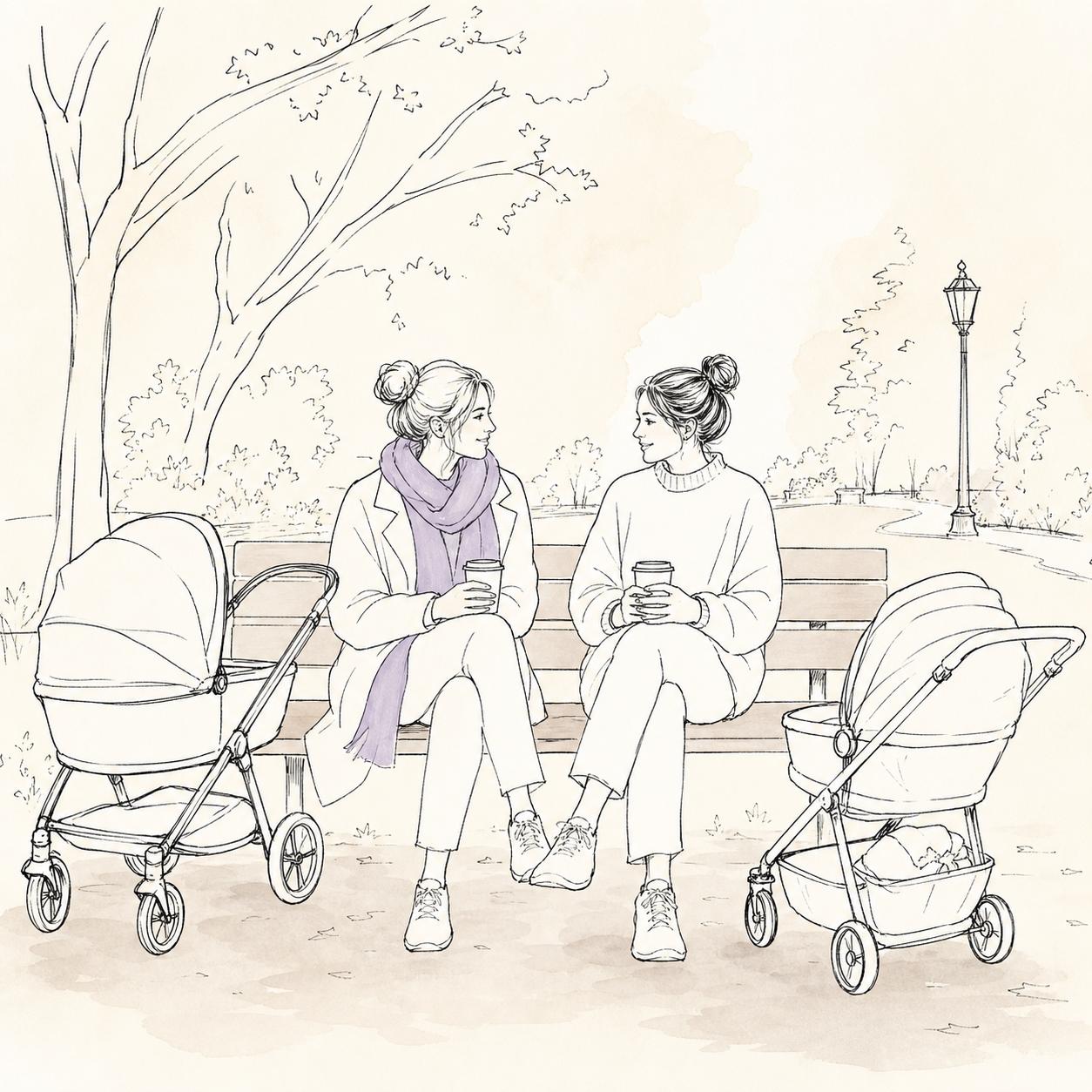 Ilustracja: dwie mamy na ławce z kawą i wózkami