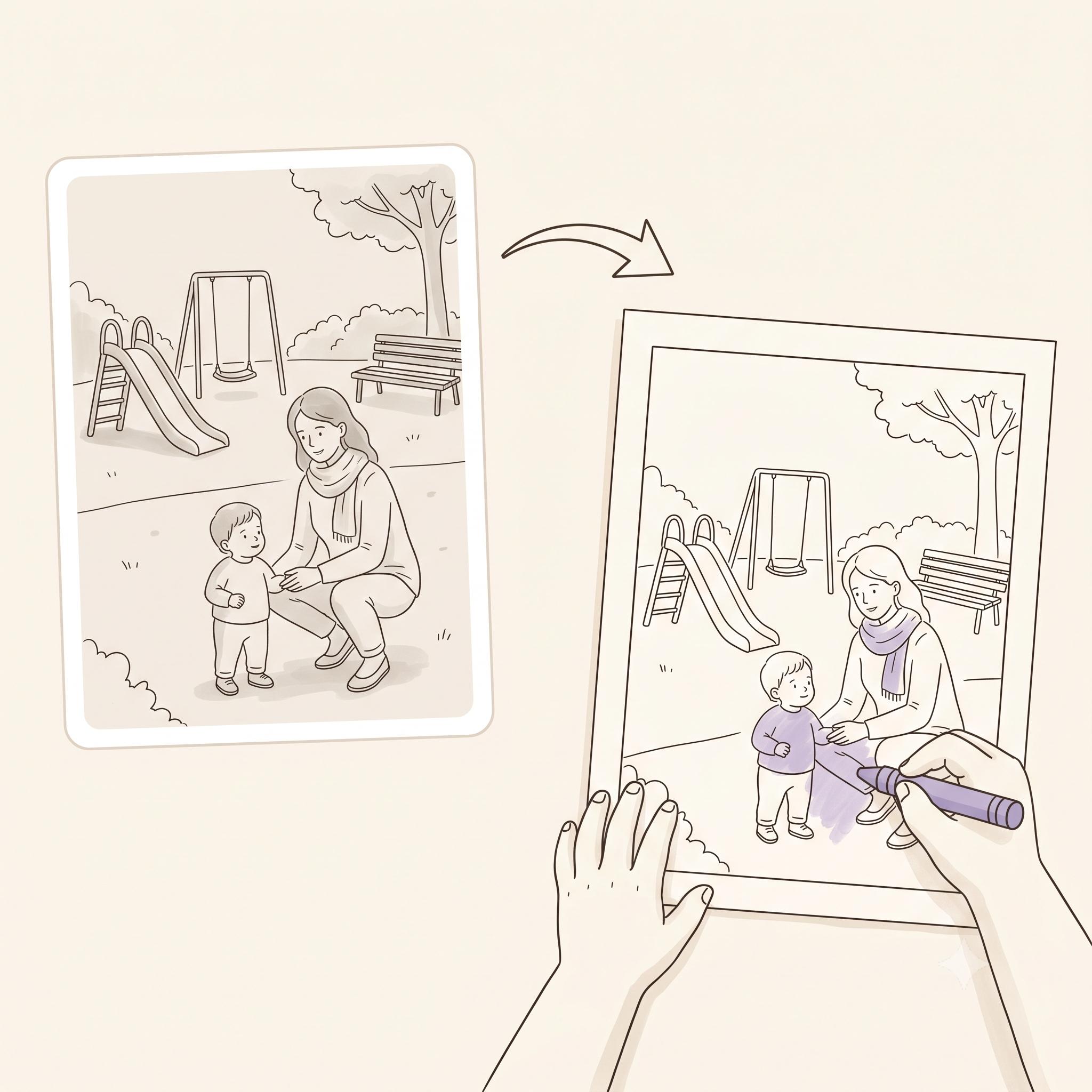 Ilustracja: zdjęcie ze spaceru zamienia się w kolorowankę do wydruku