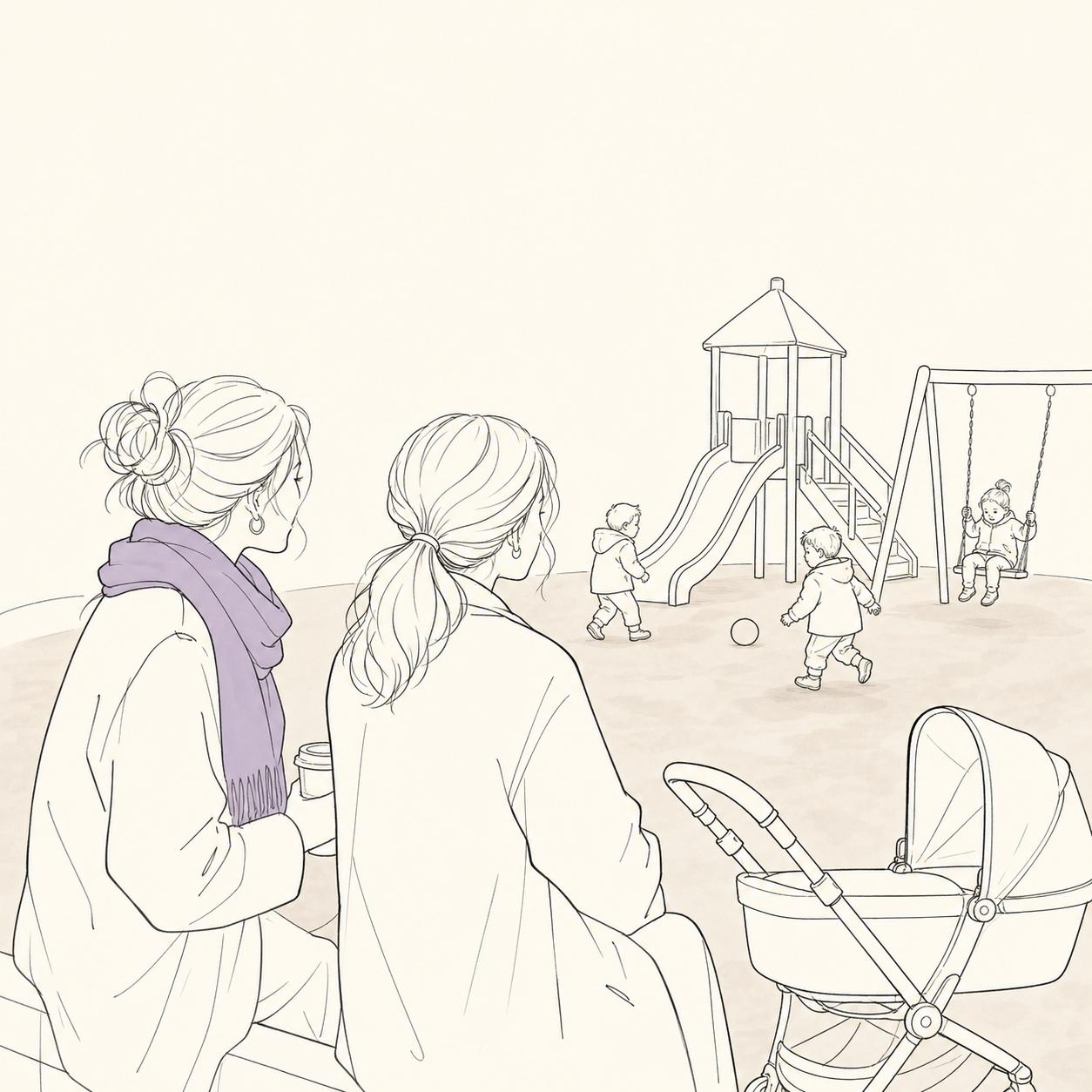 Ilustracja: mamy na pierwszym planie, dzieci bawią się na placu zabaw
