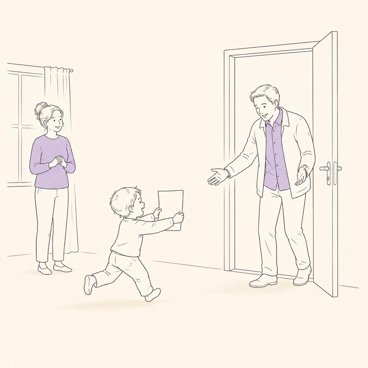 Ilustracja: dziecko biegnie z kolorowanką powitać tatę w drzwiach, mama patrzy z uśmiechem