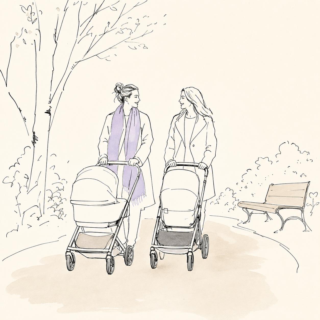 Ilustracja: dwie mamy spacerujące z wózkami